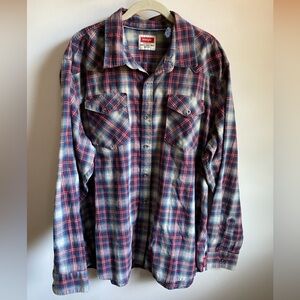Men’s WRANGLER Shirt Red White Blue Plaid Pearl Snap Pockets Western Size 2XL
